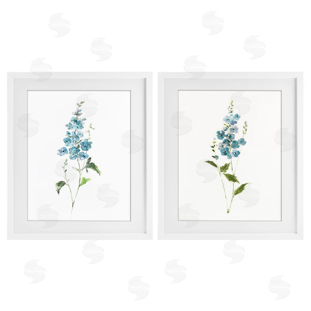 Sally Swatland Blue Watercolor Sprigs White Framed Print Under Glass with Matting Wall Art