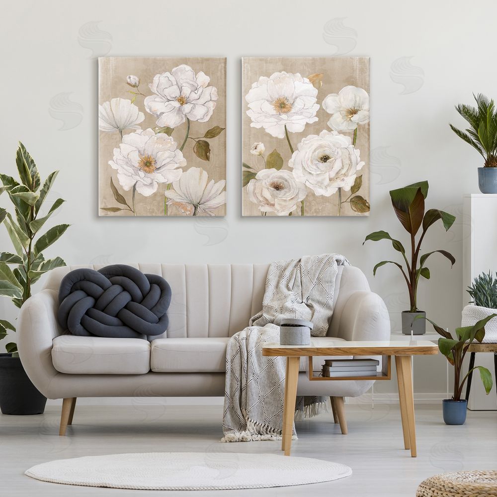 Carol Robinson White Blooms over Neutral Stretched Canvas on Wall