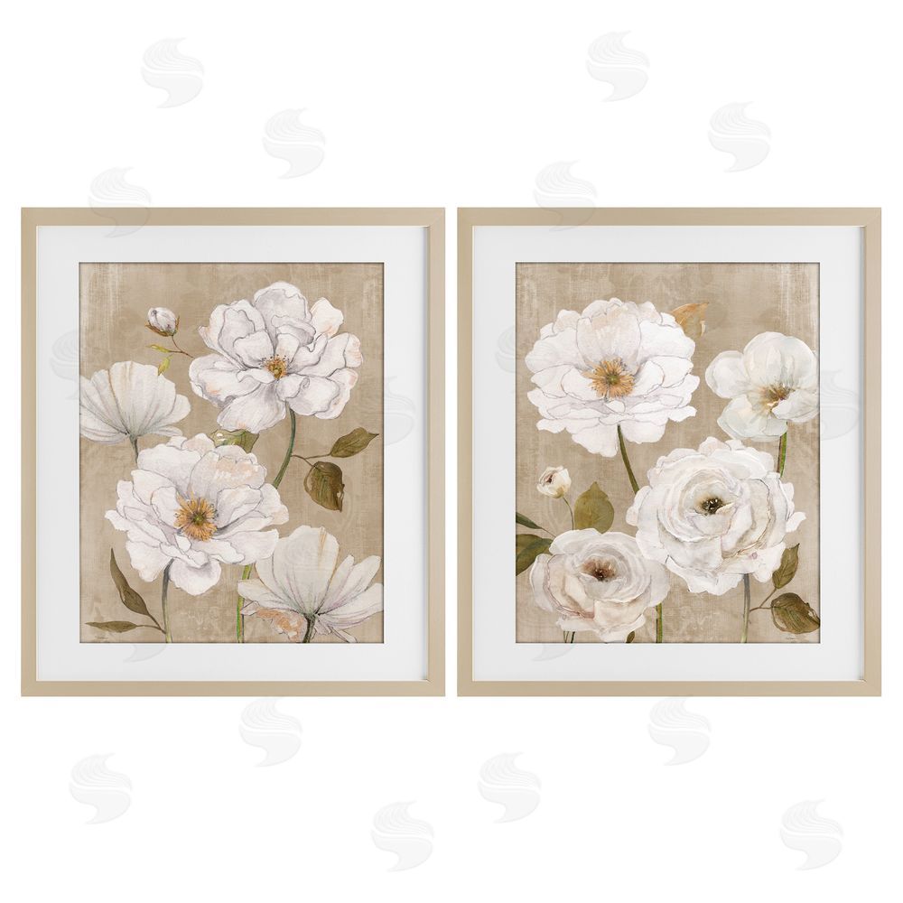 Carol Robinson White Blooms over Neutral Brown Framed Print Under Glass with White Mat Wall Art