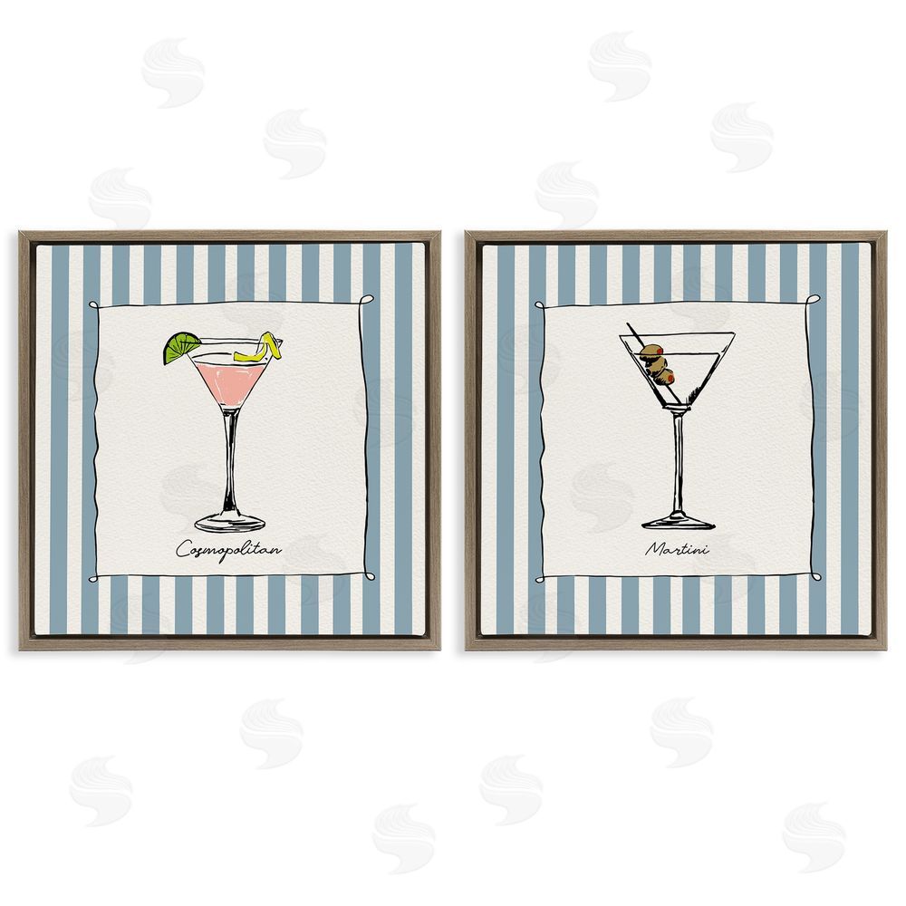 Susan Jill Summer Drinks on Stripes Brown Floating Framed Canvas Wall Art Print