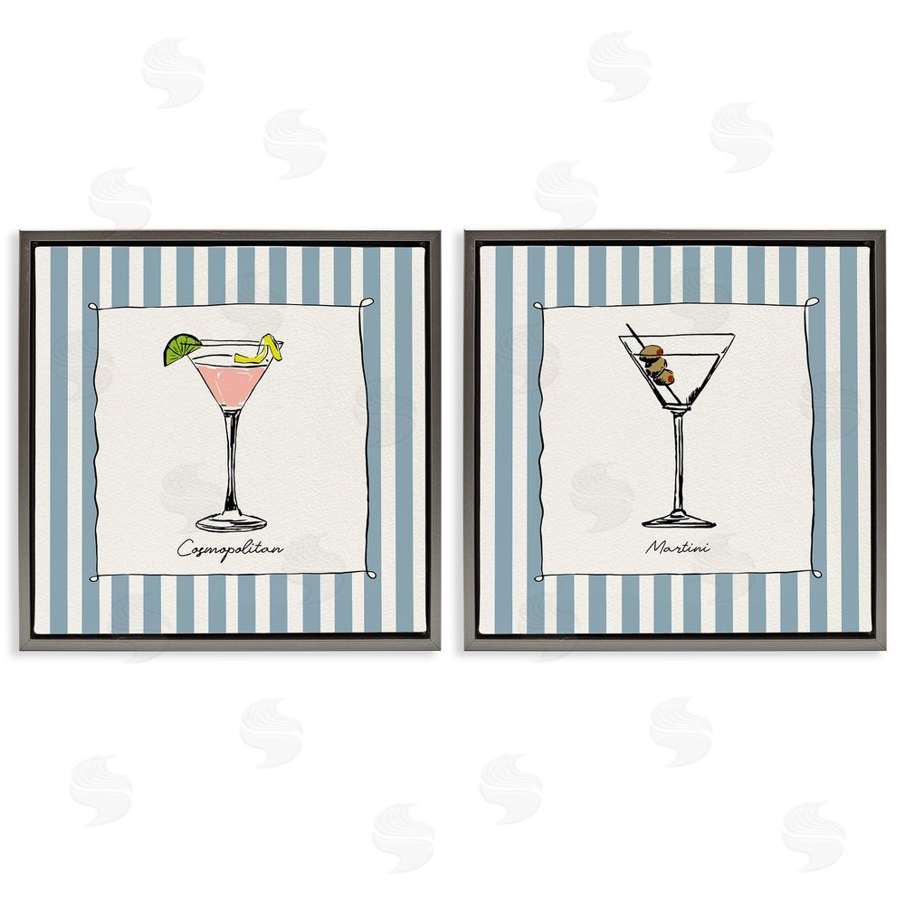 Susan Jill Summer Drinks on Stripes Gray Floating Framed Canvas Wall Art Print
