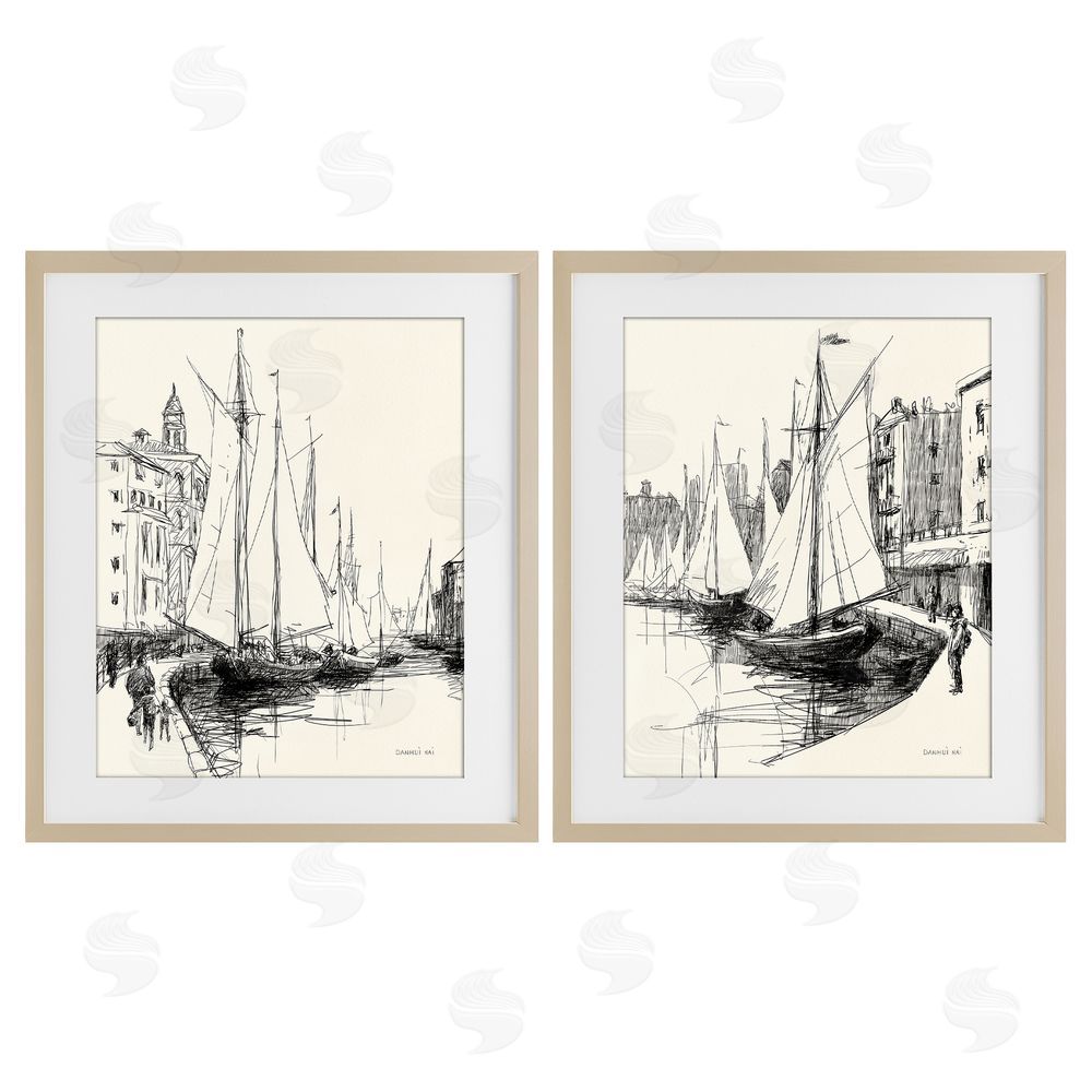 Danhui Nai Coastal Sketch by Harbor Brown Framed Print Under Glass Wall Art
