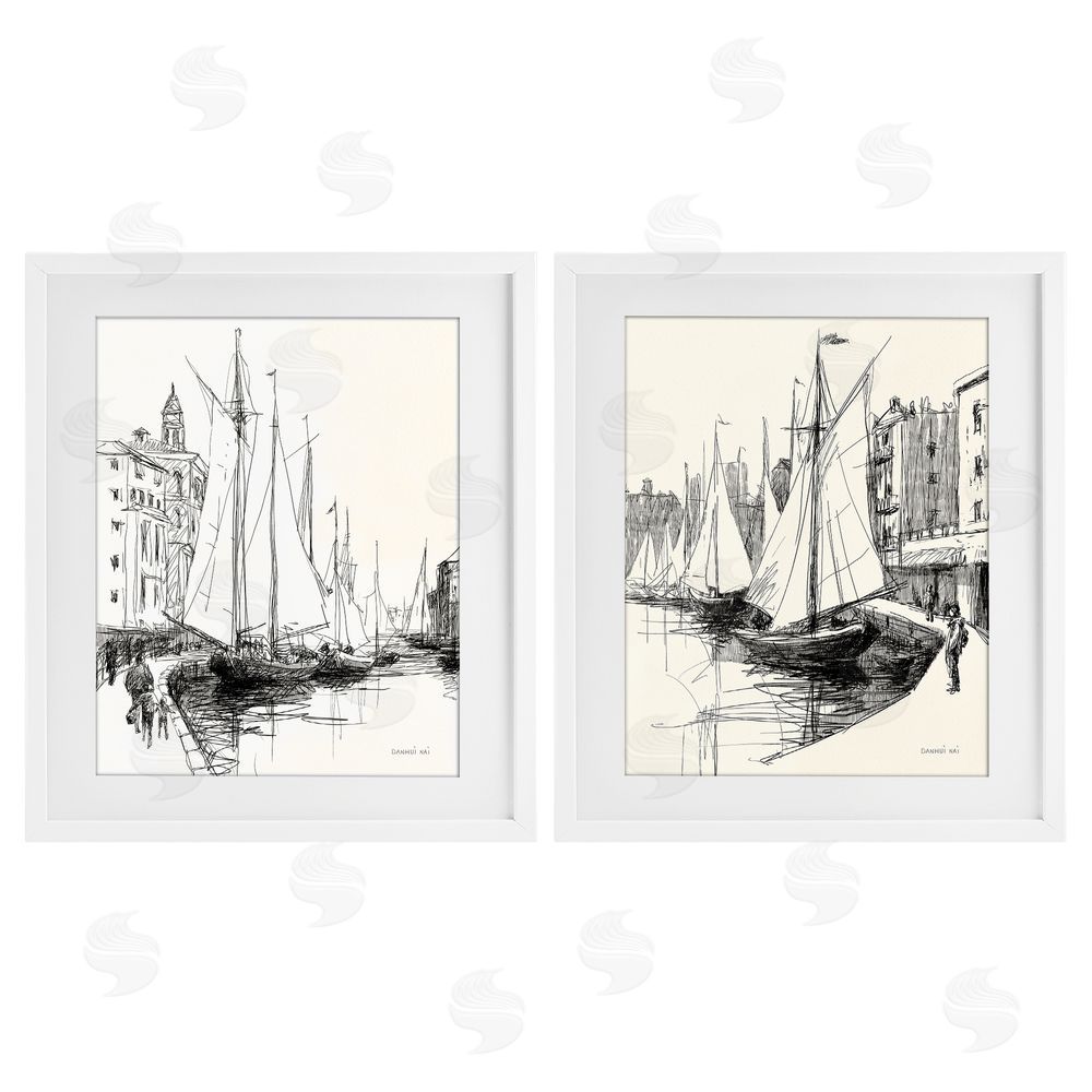 Danhui Nai Coastal Sketch by Harbor White Framed Print Under Glass Wall Art