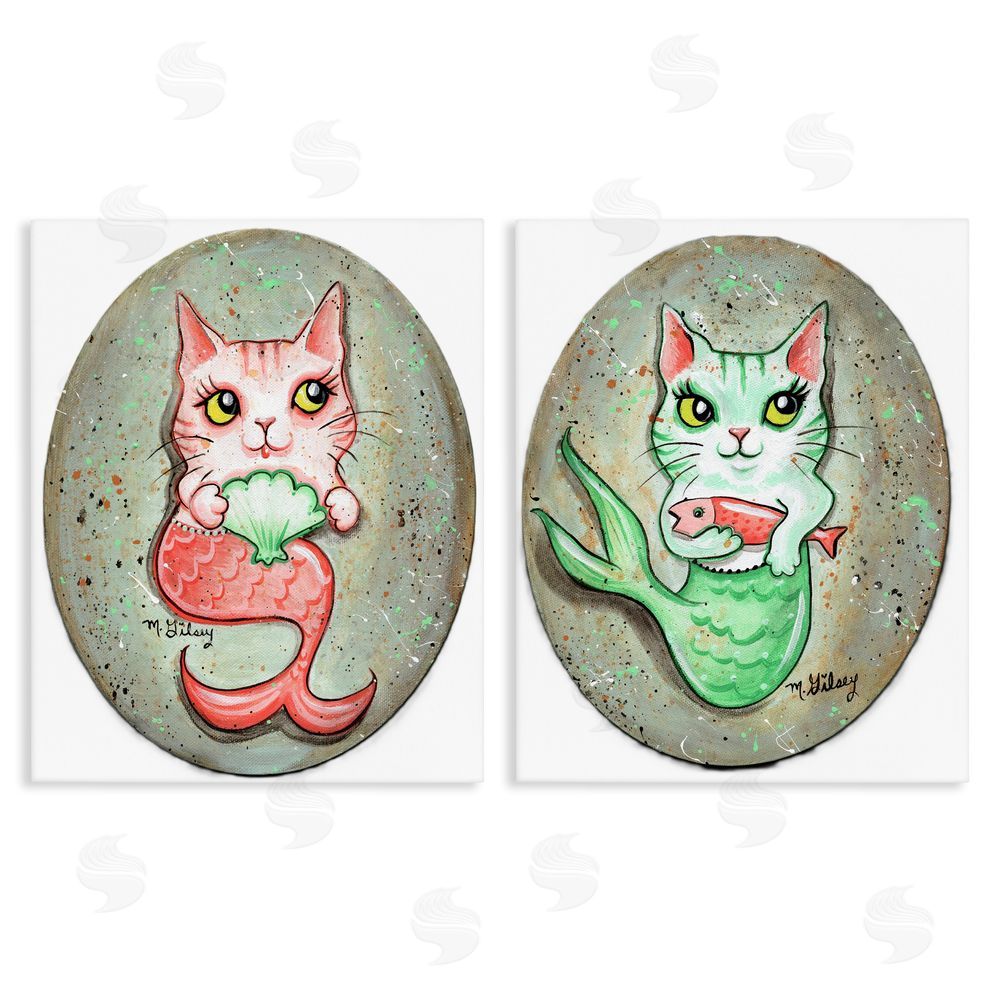 Michelle Gilsey Cat Mermaids & Seashells Stretched Canvas Wall Art Print