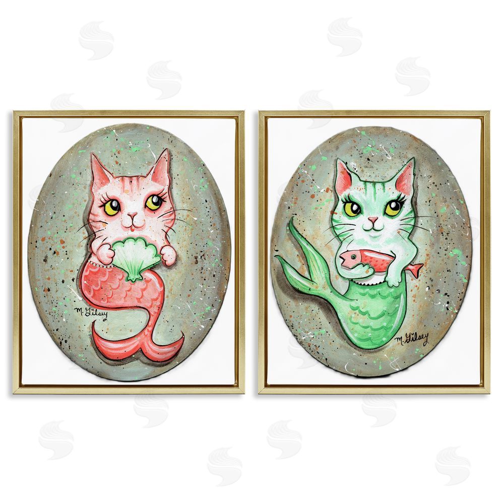 Michelle Gilsey Cat Mermaids & Seashells Gold Floating Frame Canvas Wall Art Print