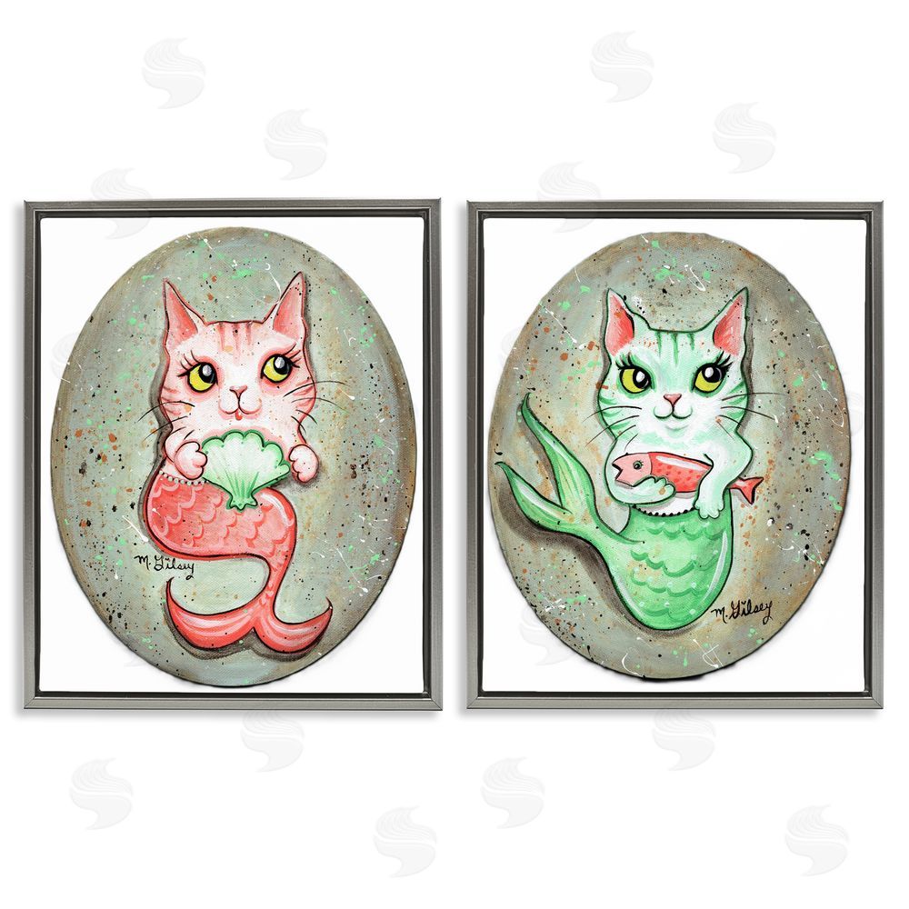 Michelle Gilsey Cat Mermaids & Seashells Gray Floating Frame Canvas Wall Art Print