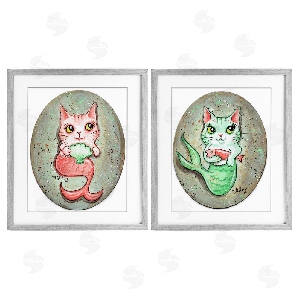 Michelle Gilsey Cat Mermaids & Seashells Gray Framed Print Under Glass Wall Art