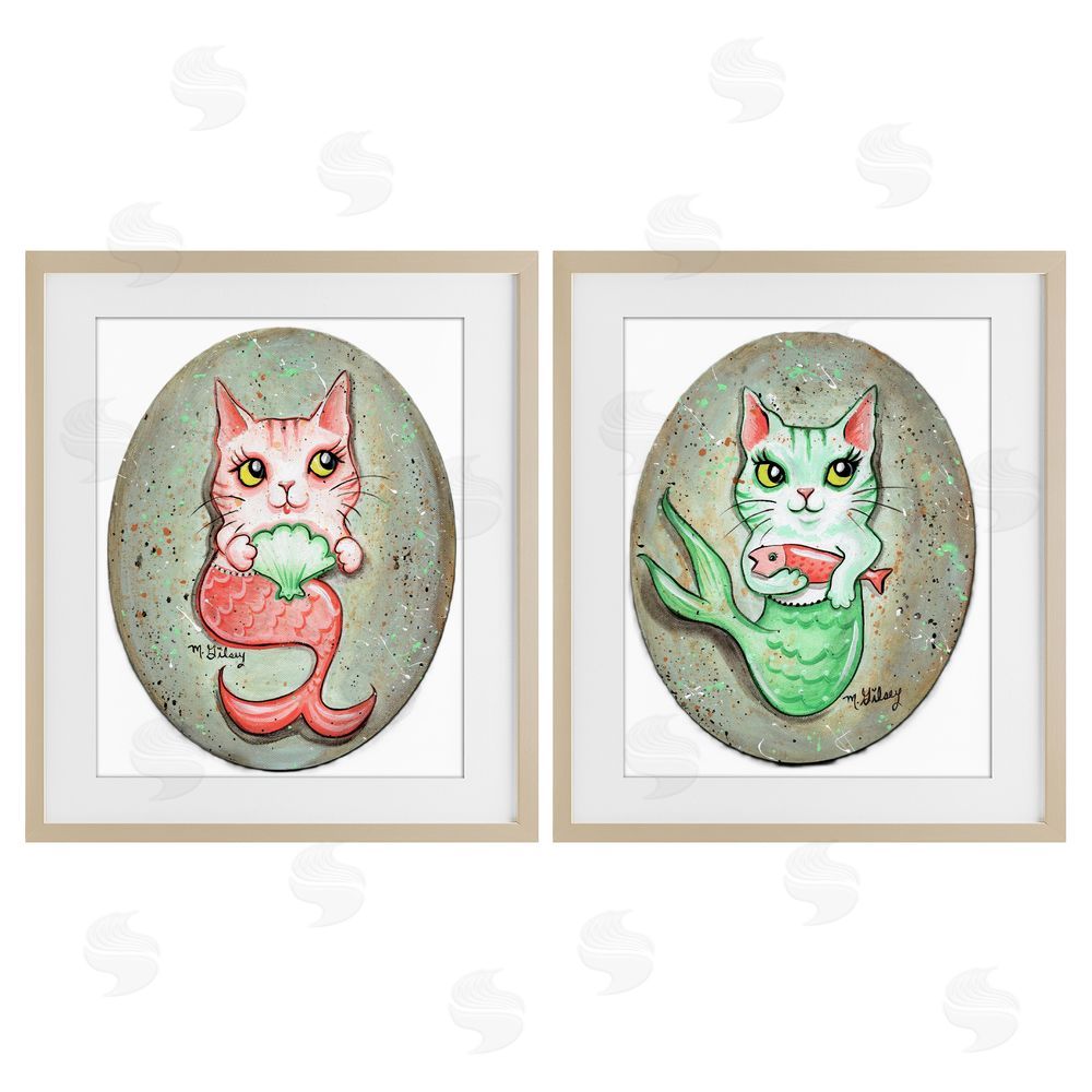 Michelle Gilsey Cat Mermaids & Seashells Brown Framed Print Under Glass Wall Art