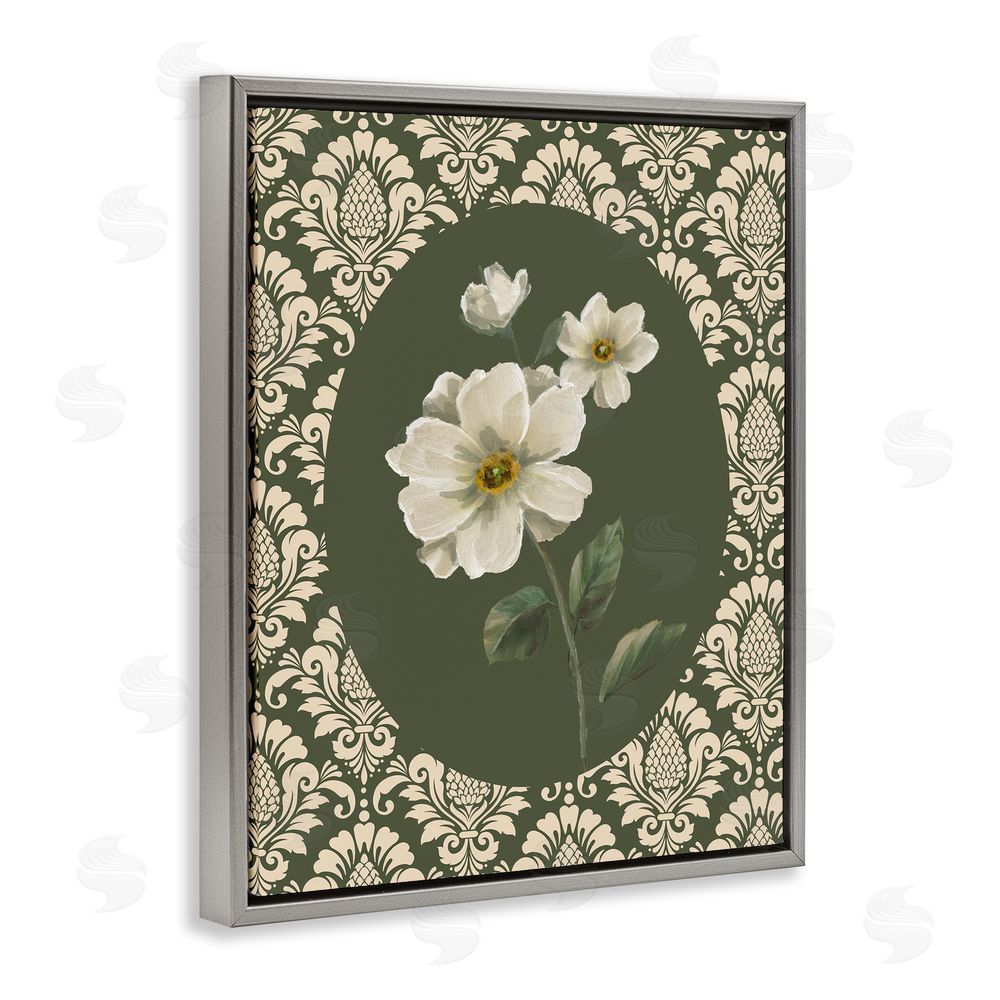 Nan Fancy Lace and White Flowers Gray Floating Frame Canvas Art Print