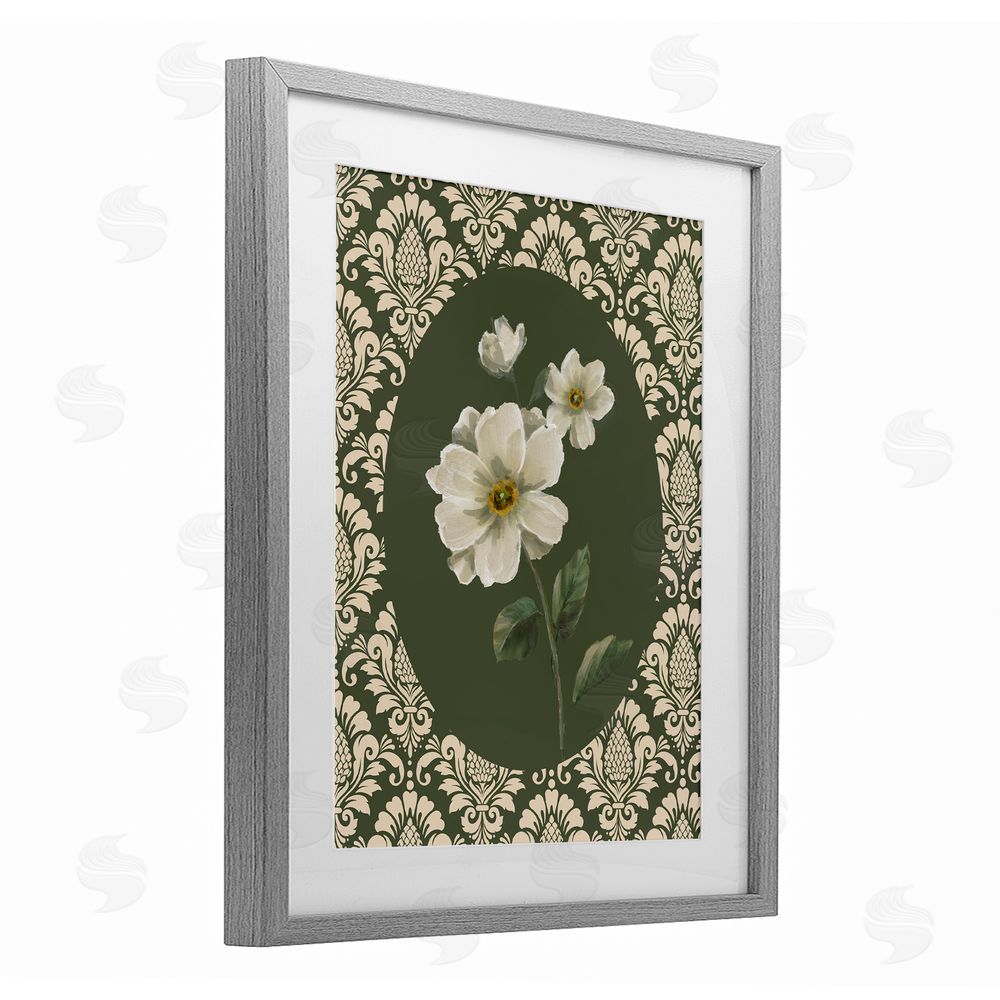 Nan Fancy Lace and White Flowers Gray Framed Print Under Glass Art