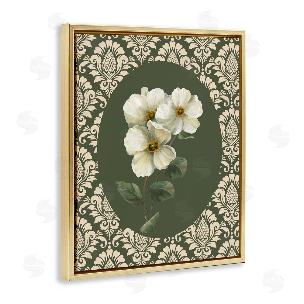 Nan Fancy Lace White Flowers Gold Floating Frame Canvas Art Print