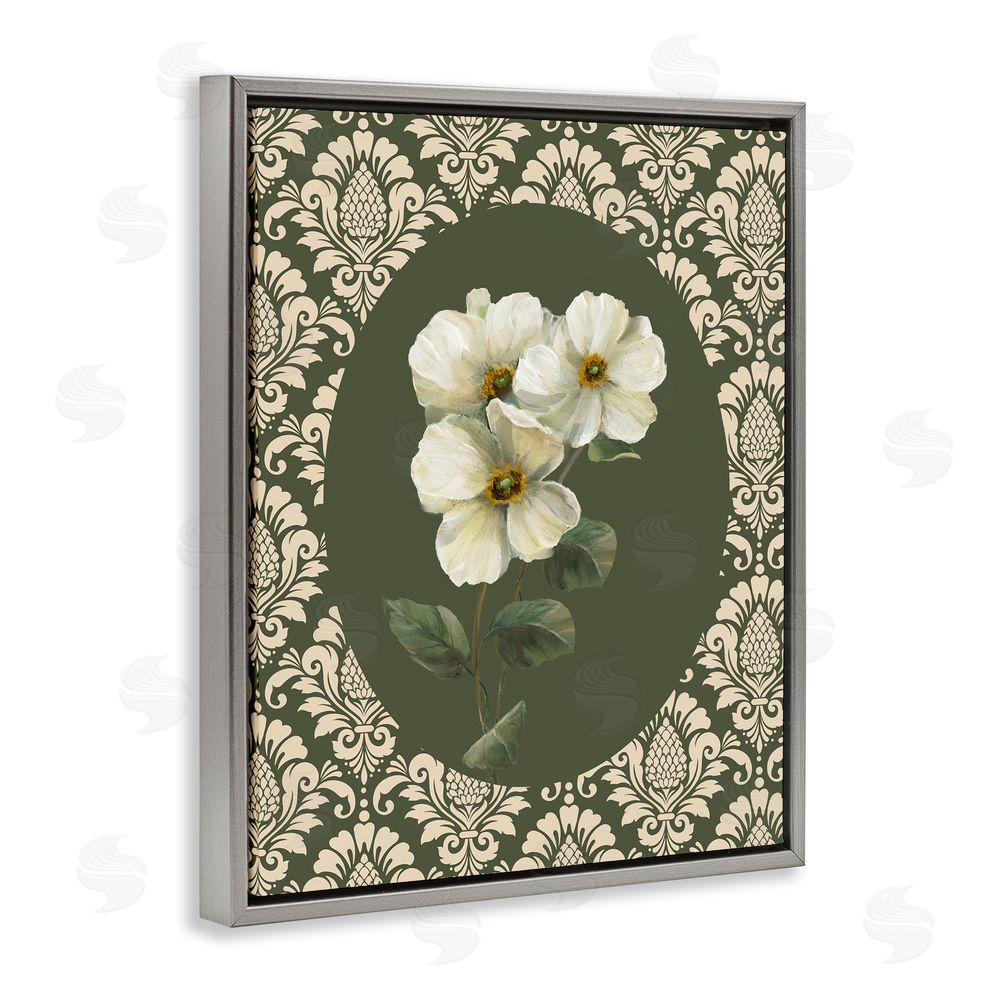 Nan Fancy Lace White Flowers Gray Floating Frame Canvas Art Print