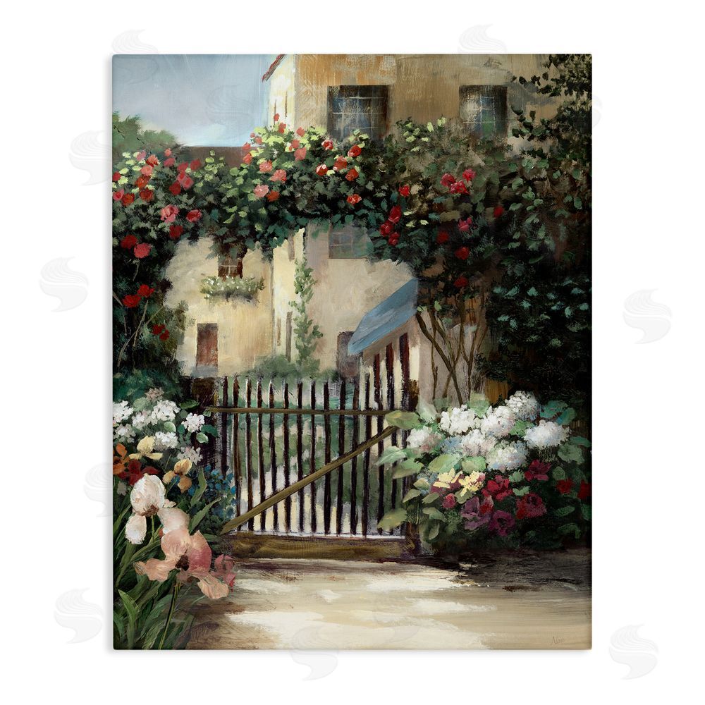 Nan Courtyard Gate with Florals Canvas Wall Art Print