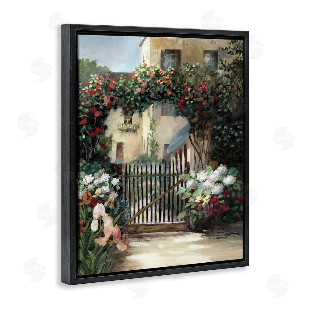 Nan Courtyard Gate with Florals Black Floating Frame Canvas Wall Art Print