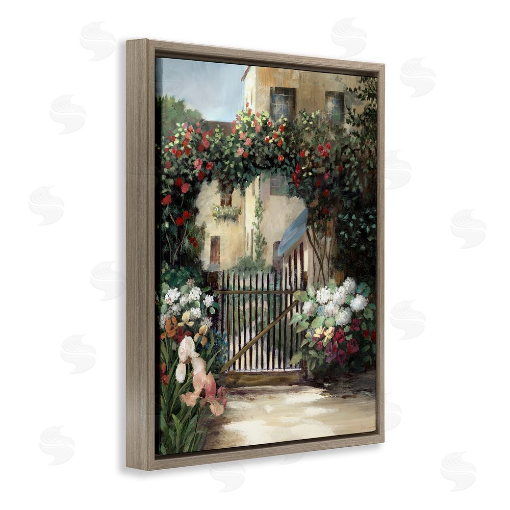 Nan Courtyard Gate with Florals Brown Floating Frame Canvas Art Print