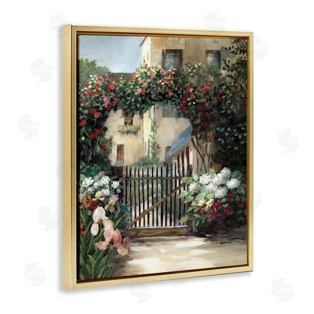 Nan Courtyard Gate with Florals Gold Floating Frame Canvas Art Print