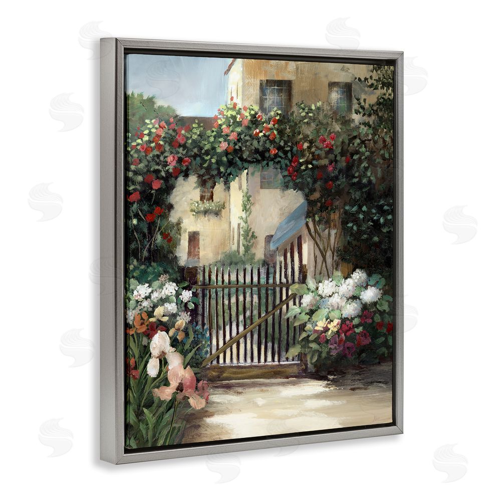 Nan Courtyard Gate with Florals Gray Floating Frame Canvas Art Print