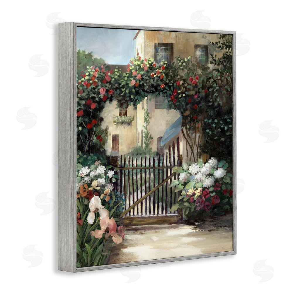 Nan Courtyard Gate with Florals Gray Framed Giclee Art Print