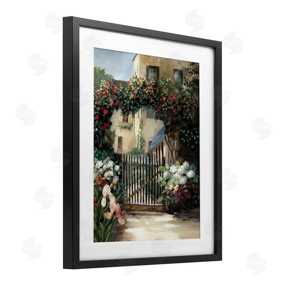 Nan Courtyard Gate with Florals Black Framed Print Under Glass Art