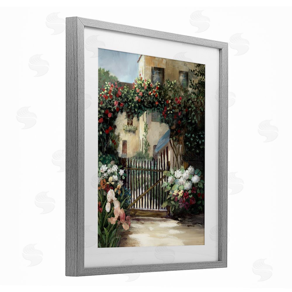 Nan Courtyard Gate with Florals Gray Framed Print Under Glass Art