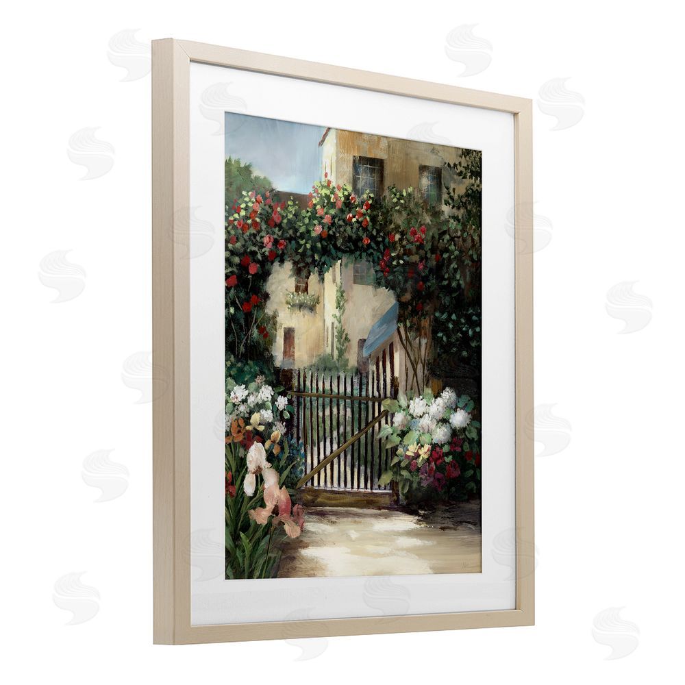 Nan Courtyard Gate with Florals Birch Framed Print Under Glass Art