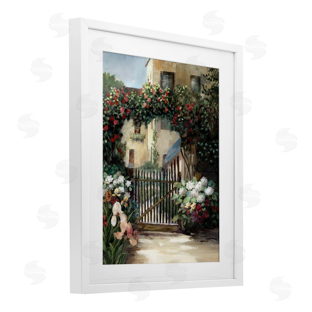 Nan Courtyard Gate with Florals White Framed Print Under Glass Art