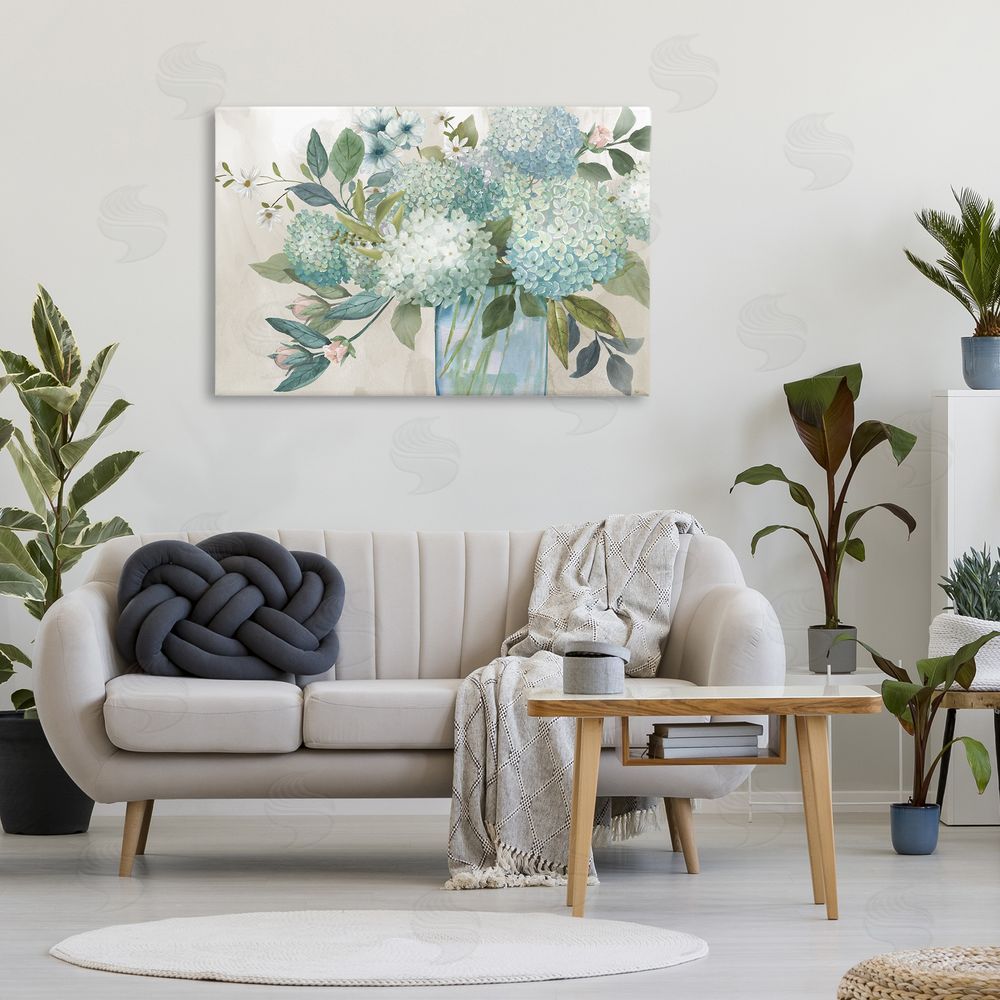 Nan Hydrangeas Galore Blue Flowers Printed Wall Art in Room