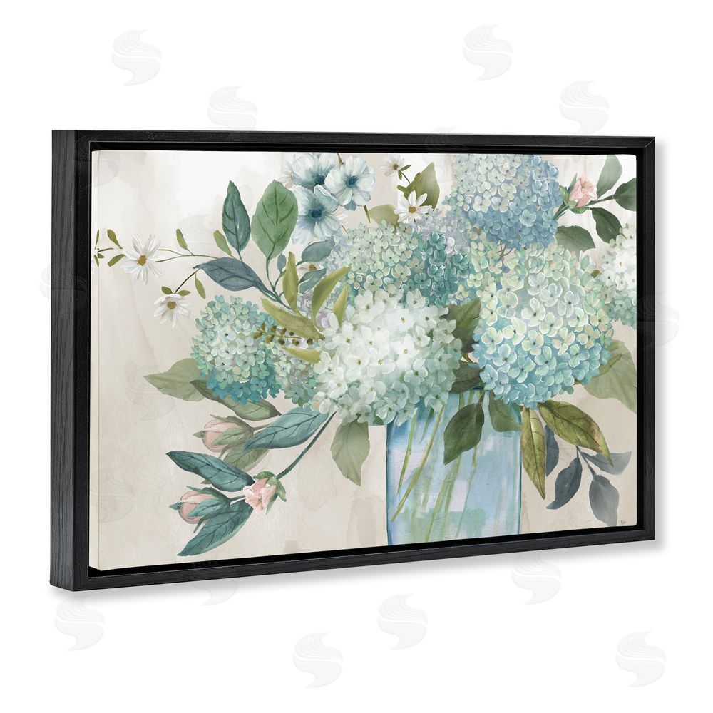 Nan Hydrangeas Galore Blue Flowers Black Floating Frame Canvas Wall Art Print