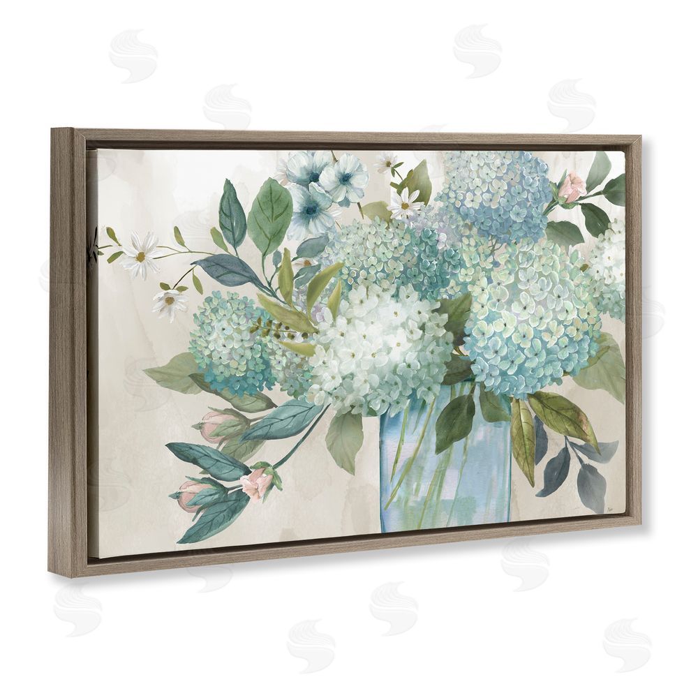 Nan Hydrangeas Galore Blue Flowers Brown Floating Frame Canvas Art Print