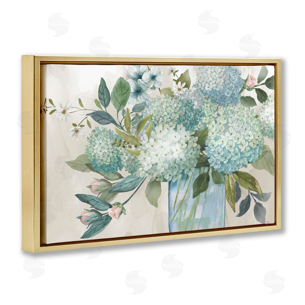 Nan Hydrangeas Galore Blue Flowers Gold Floating Frame Canvas Art Print