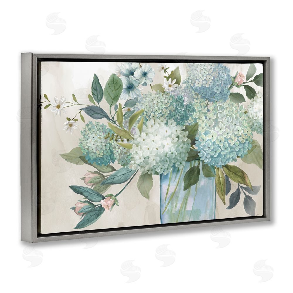 Nan Hydrangeas Galore Blue Flowers Gray Floating Frame Canvas Art Print