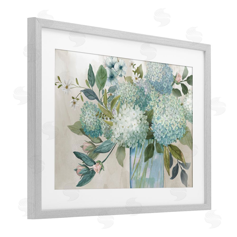 Nan Hydrangeas Galore Blue Flowers Gray Framed Print Under Glass Art