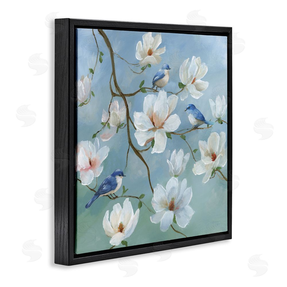 Nan Birds Blooms And Branches Black Floating Frame Canvas Wall Art Print