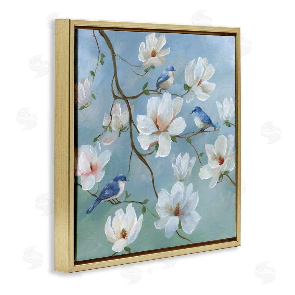 Nan Birds Blooms And Branches Gold Floating Frame Canvas Art Print