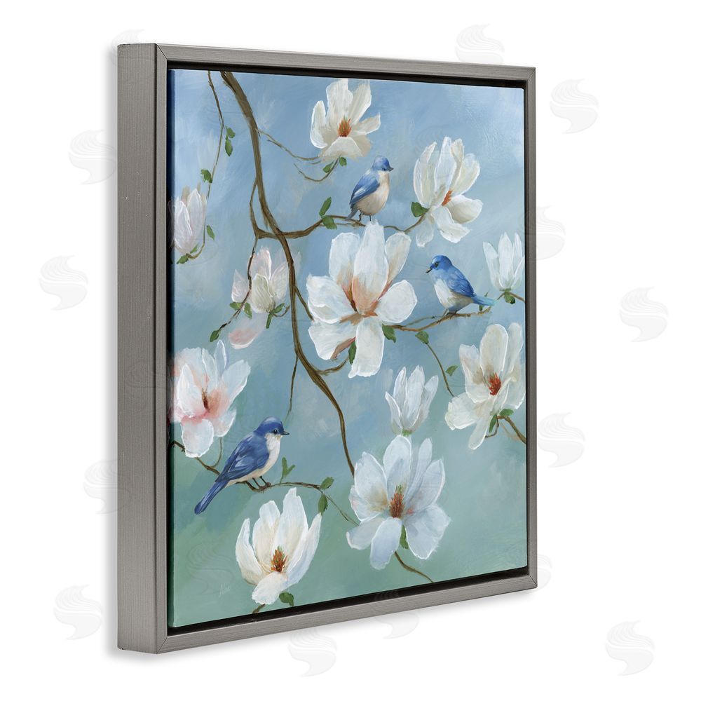 Nan Birds Blooms And Branches Gray Floating Frame Canvas Art Print