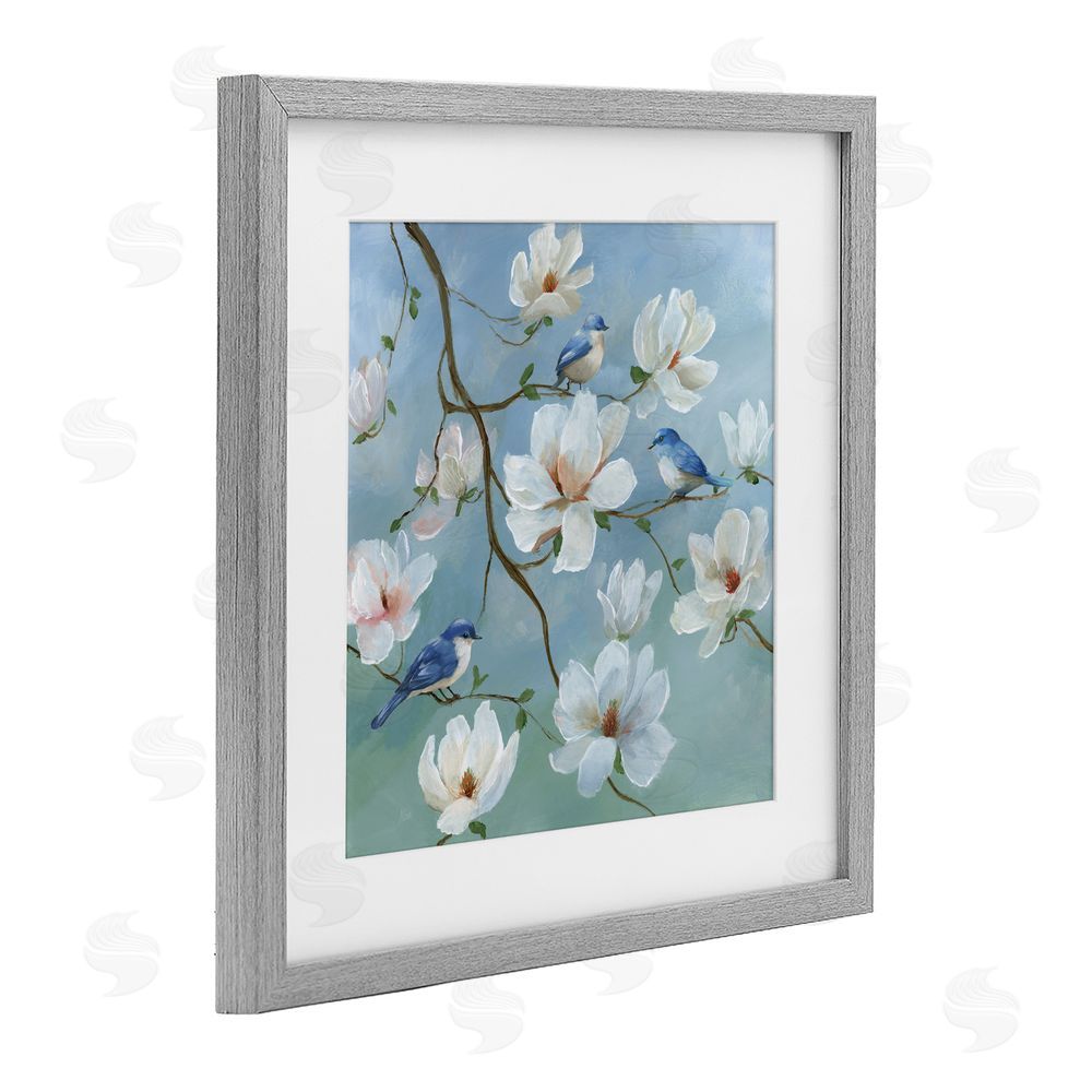Nan Birds Blooms And Branches Gray Framed Print Under Glass Art