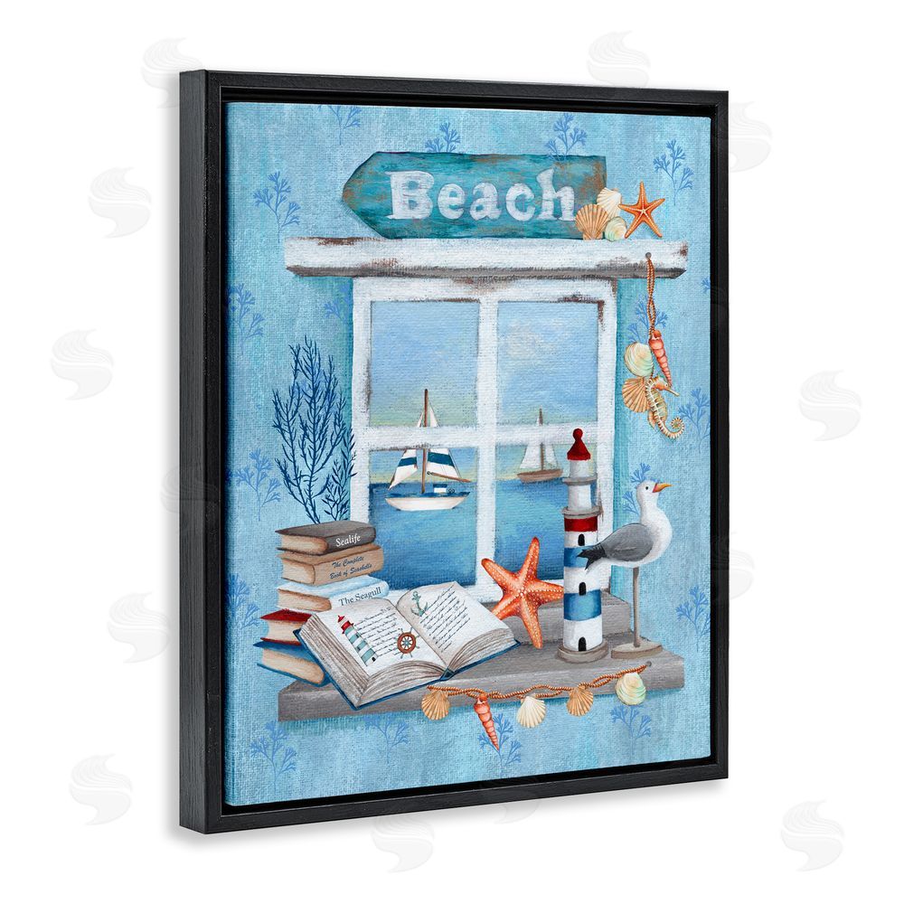 Emma Leach Beachy Coastal Window Sill Black Floating Frame Canvas Wall Art Print
