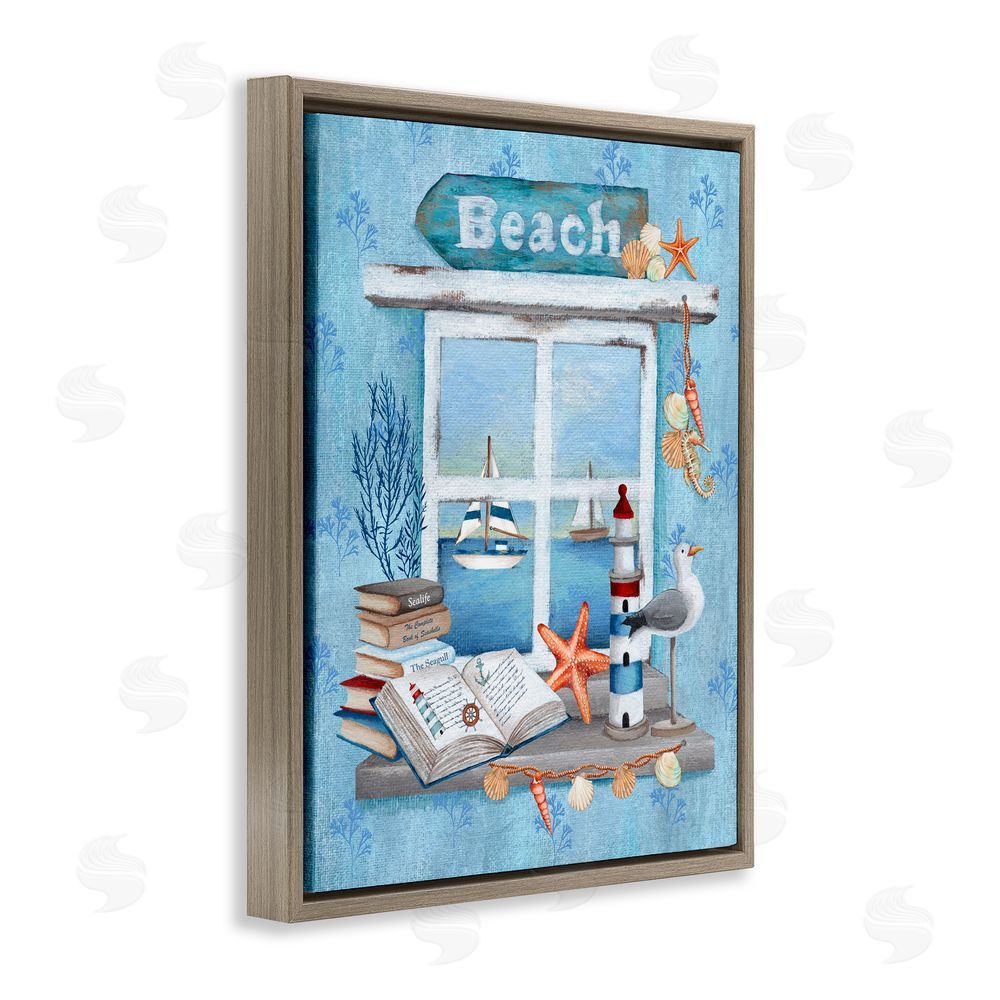 Emma Leach Beachy Coastal Window Sill Brown Floating Frame Canvas Art Print