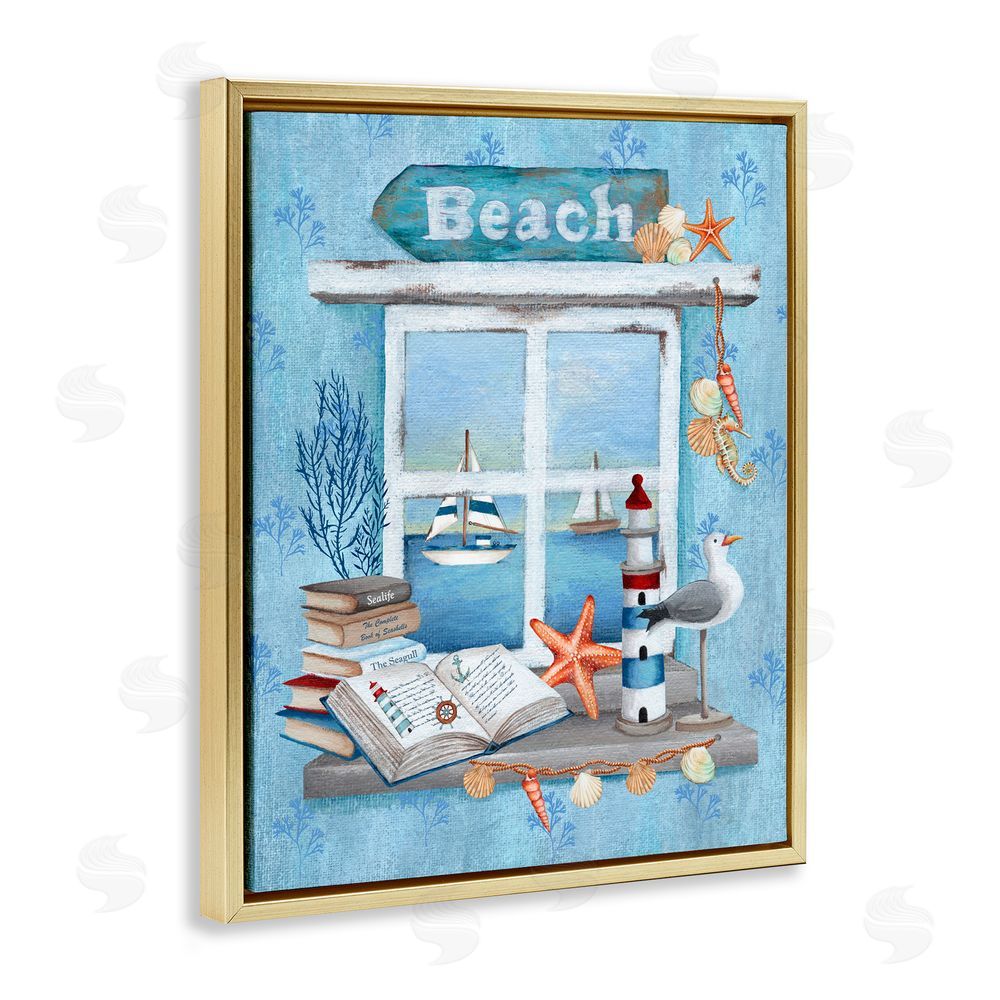 Emma Leach Beachy Coastal Window Sill Gold Floating Frame Canvas Art Print