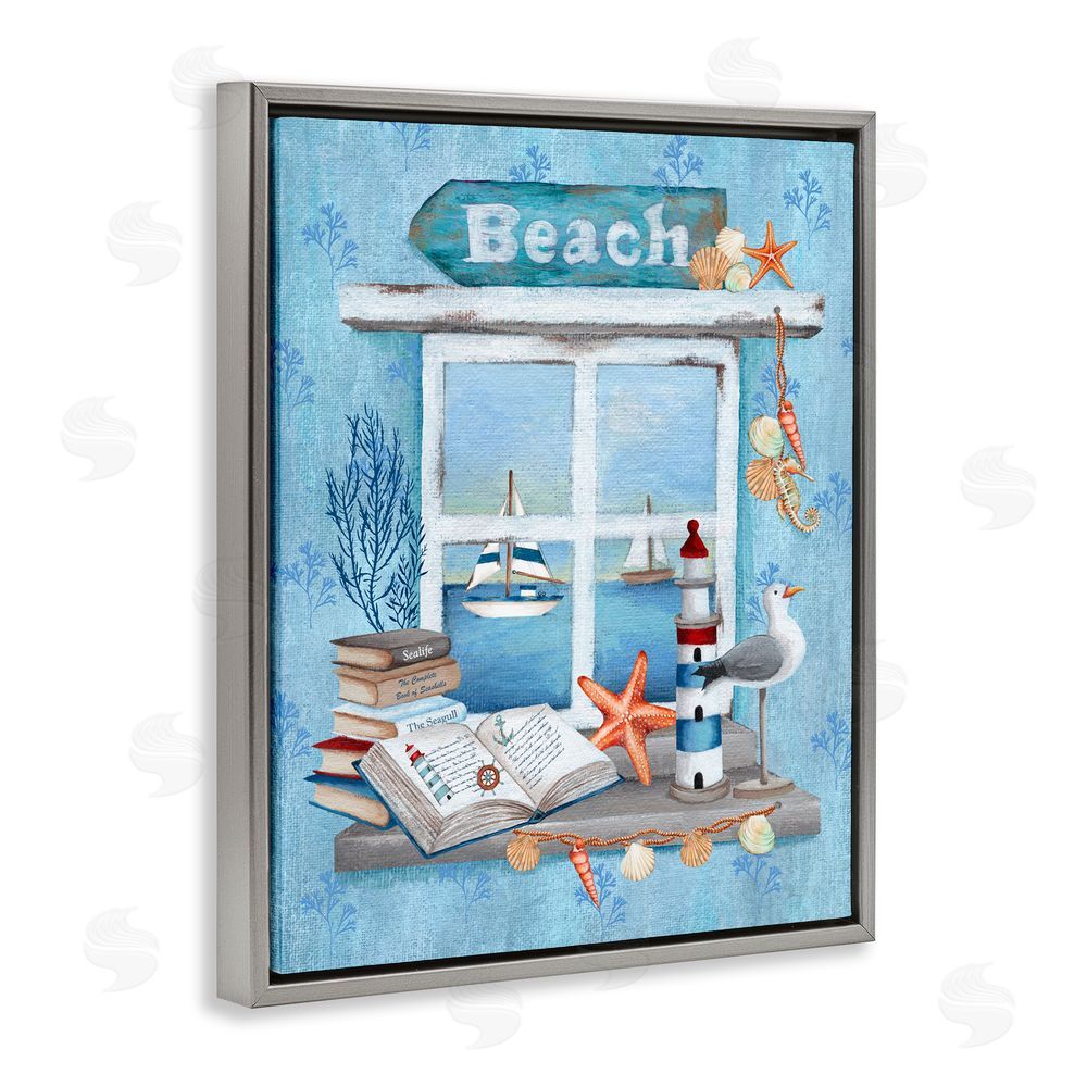 Emma Leach Beachy Coastal Window Sill Gray Floating Frame Canvas Art Print