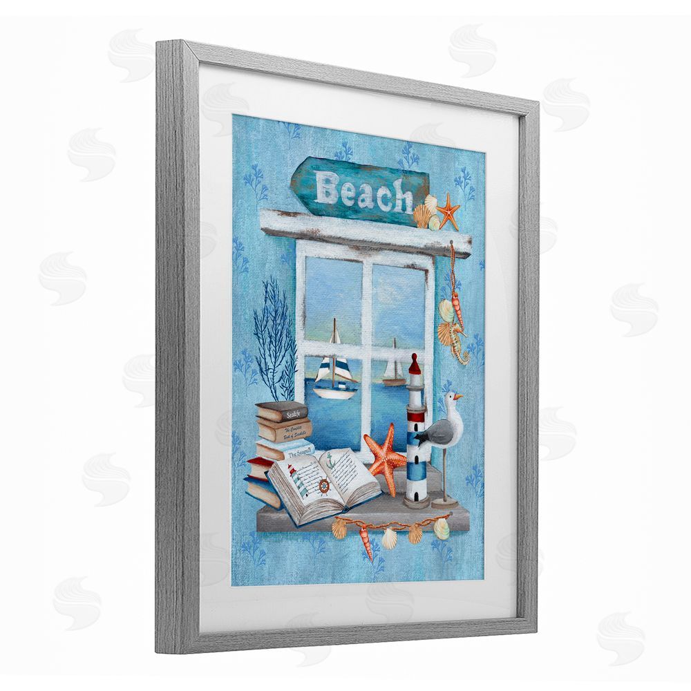 Emma Leach Beachy Coastal Window Sill Gray Framed Print Under Glass Art