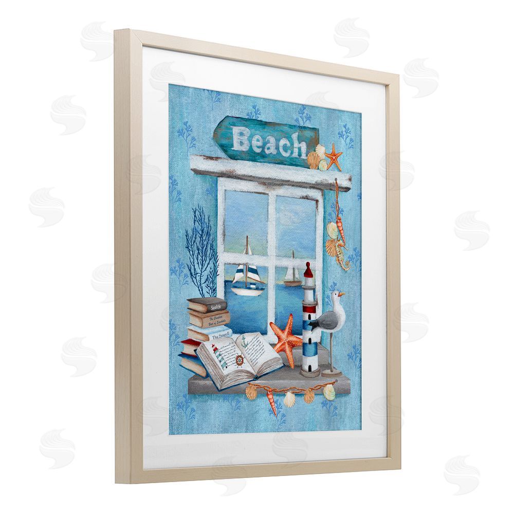 Emma Leach Beachy Coastal Window Sill Birch Framed Print Under Glass Art