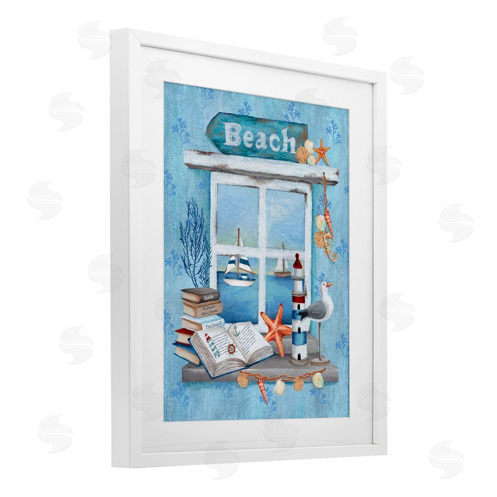 Emma Leach Beachy Coastal Window Sill White Framed Print Under Glass Art
