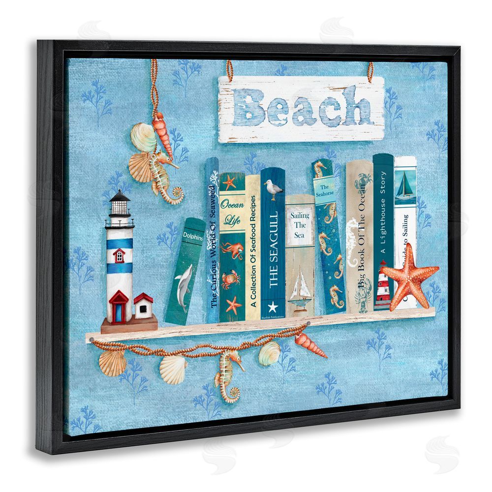 Emma Leach Beachy Book Shelf Panel Black Floating Frame Canvas Wall Art Print