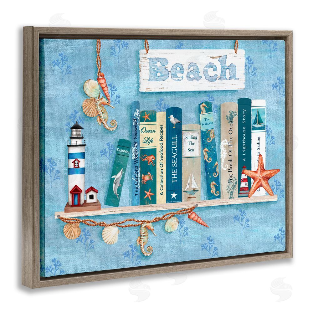 Emma Leach Beachy Book Shelf Panel Brown Floating Frame Canvas Art Print