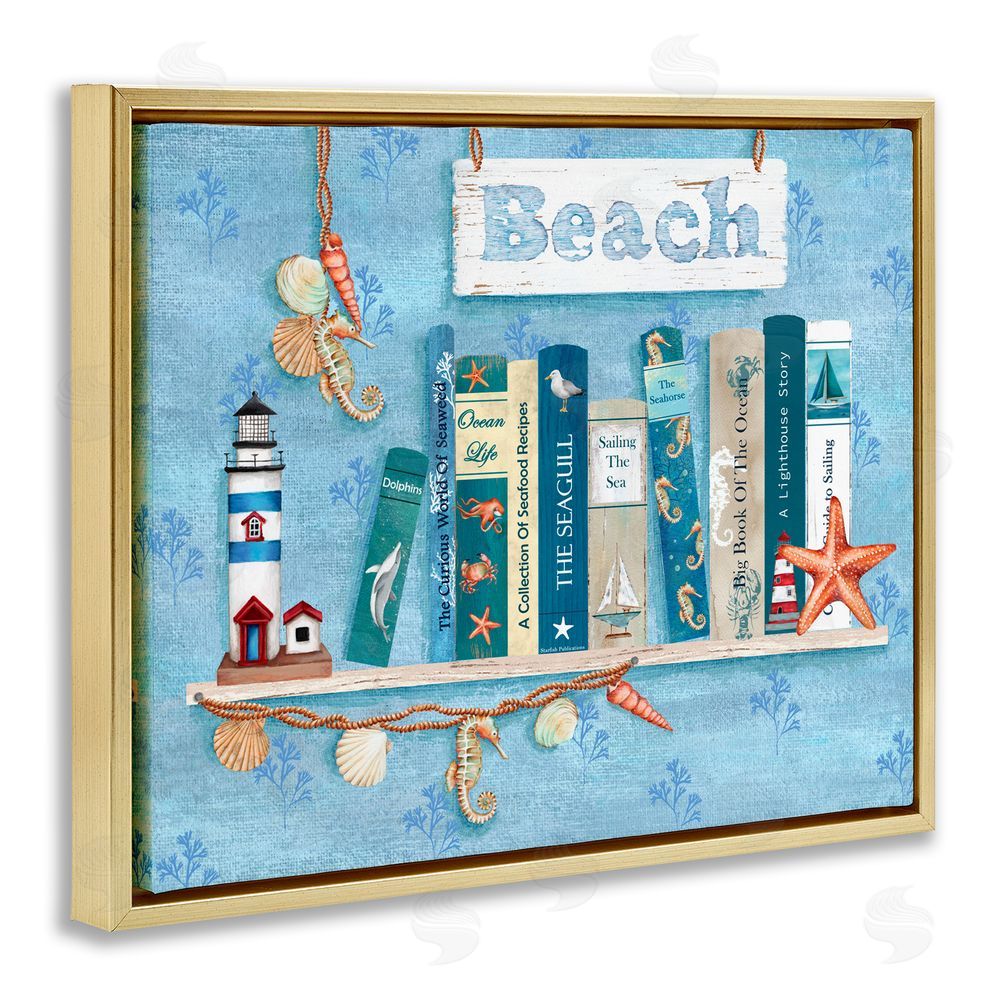Emma Leach Beachy Book Shelf Panel Gold Floating Frame Canvas Art Print