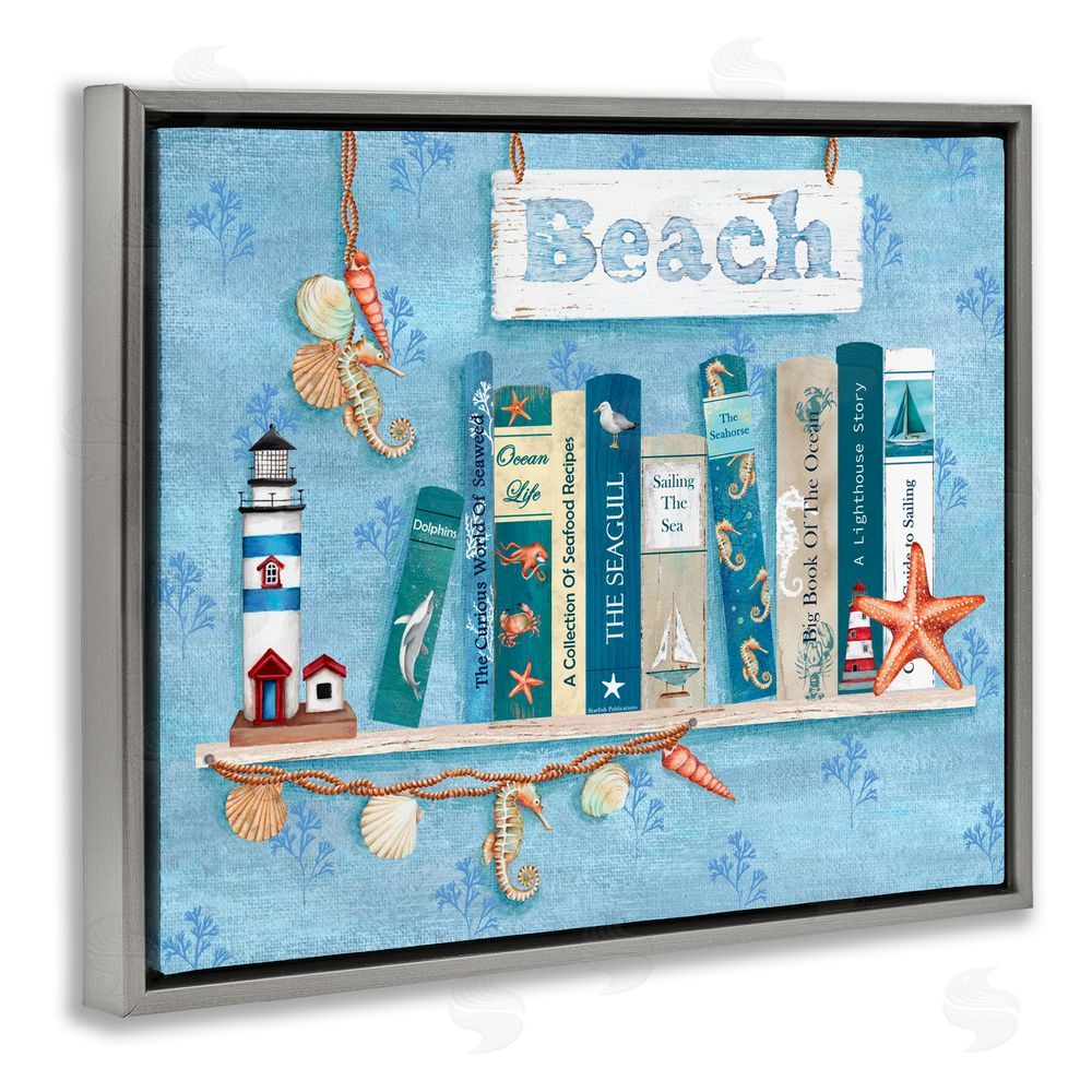 Emma Leach Beachy Book Shelf Panel Gray Floating Frame Canvas Art Print