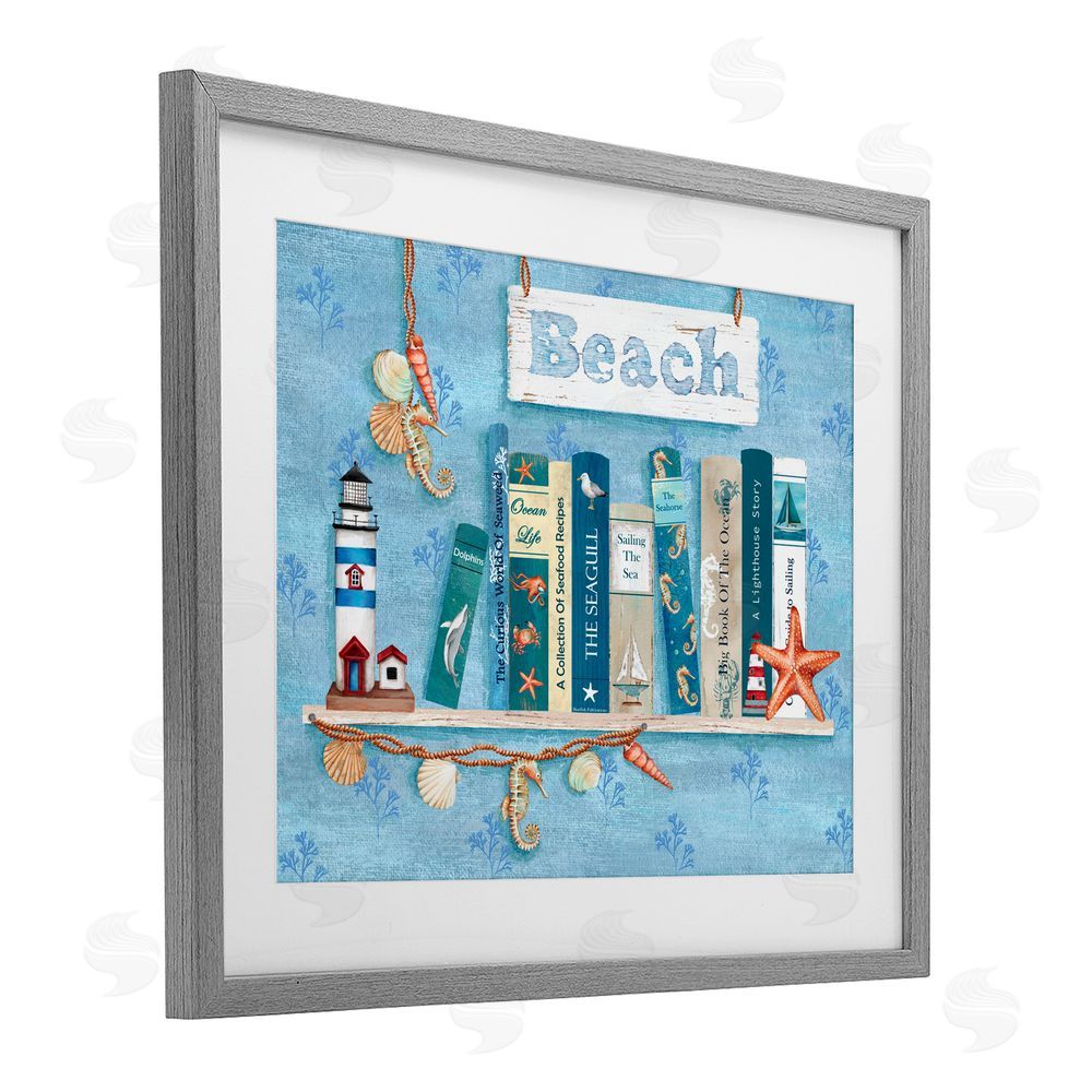 Emma Leach Beachy Book Shelf Panel Gray Framed Print Under Glass Art
