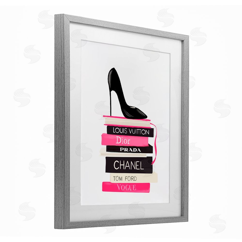 Cherrywood Lane Black Stiletto on Books Gray Framed Print Under Glass with White Mat Wall Art