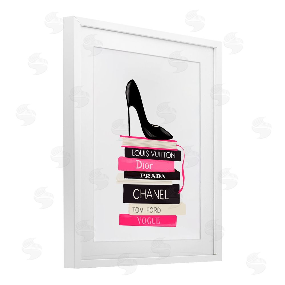 Cherrywood Lane Black Stiletto on Books White Framed Print Under Glass with Mat Wall Art